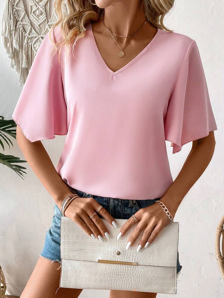 SHEIN LUNE Solid Color V-Neck Casual Shirt - Baby Pink - View 6