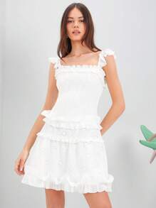 Enchnt Spring Summer Women's Solid Color Hollow Out Embroidered Patchwork Ruffled Hem Spaghetti Strap White Bridal Shower  Dress - White - View 4