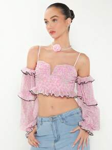 Enchnt Summer Spring Flower Print Cropped Holiday Top With Ruffle Hem And Trim - Pink - View 6