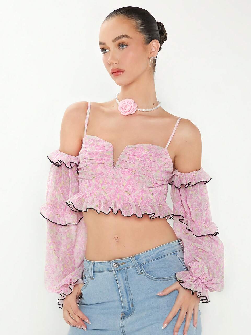 Summer Spring Flower Print Cropped Holiday Top With Ruffle Hem And Trim