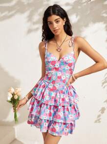 Soleia Vestido camisero con estampado floral pequeño y lazo automático