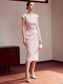 MOTF PREMIUM RUCHED FROG BUTTON WAIST DRESS,HOLIDAY PARTY BIRTHDAY FORMAL EVENING OCCASSION - Pink - View 5