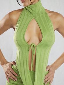 Hauture Women's Asymmetrical Hem Halter Neck Sleeveless Top With Hollow Out Design - Green - View 5