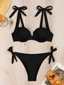 Swim Vcay Bộ Bikini Xếp Ly Màu Trơn Đi Biển Mùa Hè Cho Nữ - màu đen - Xem 4