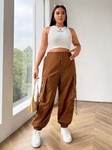 Flirla Plus Size Women's Casual Cargo Pants With Large Pockets - Brown - View 6