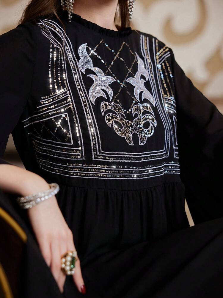 Women'S Glitter Patchwork Flare Sleeve Turkish Long Shirt Eid Dress, Elegant Luxury Evening Party Style Kaftan Jalabiya Dress
