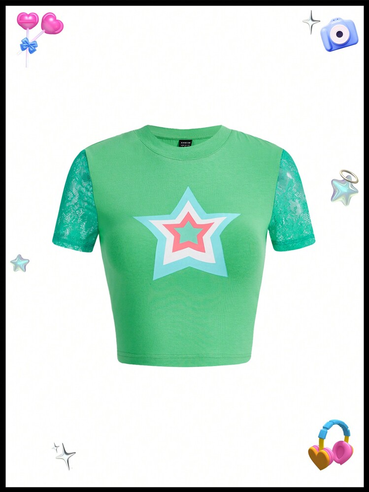 SHEINNeu Top De Manga Corta Con Encaje Y Estampado De Estrellas De Dopamina - verde menta - Añade 1