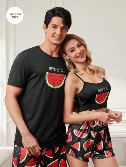 CoupledUp Cartoon Fruit Printed Short Sleeve T-Shirt And Shorts Set Men's Homewear
