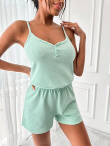 Waffle Knit Cami Top & Shorts Lounge Set - Mint Green - View 3