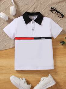 SHEIN 男童春夏季休閒色塊短袖Polo衫，百搭風格 - 白色 - 查看 1
