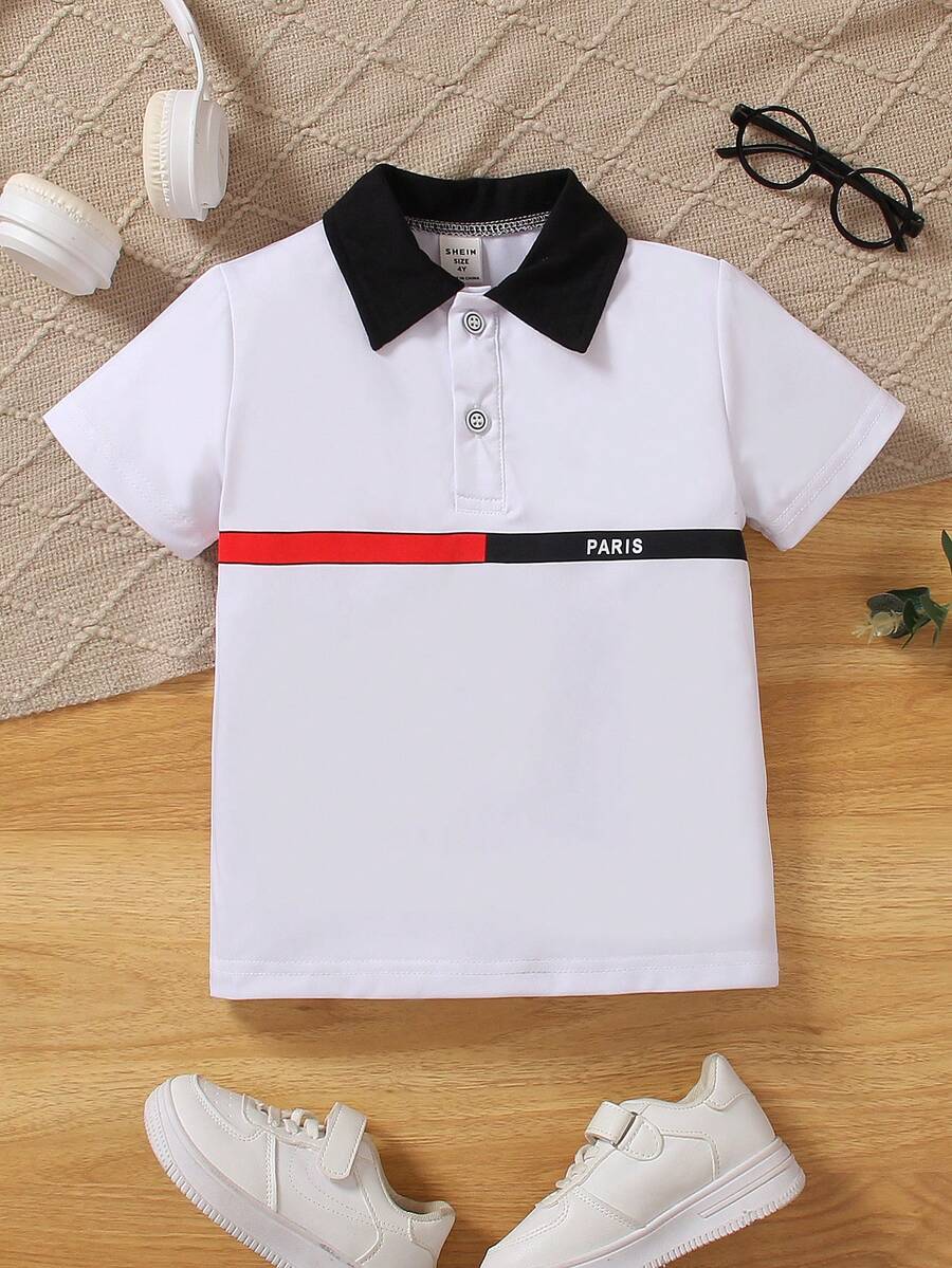 SHEIN 男童春夏季休閒色塊短袖Polo衫，百搭風格 - 白色 - 查看 1