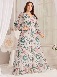 大碼女性花卉印花燈籠袖阿拉伯服飾 - 彩色 - 查看 4