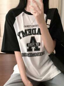 DAZY Áo thun nữ in chữ màu khối ghép nối mùa hè, áo thun đồ họa - Đen và trắng - Xem 2