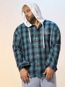 Manfinity VCAY Camisa De Manga Larga Con Capucha Y Cordón Con Bloques De Colores De Talla Grande Para Hombre, Con Estampado A Cuadros Y Lema - Verde - Ver 3