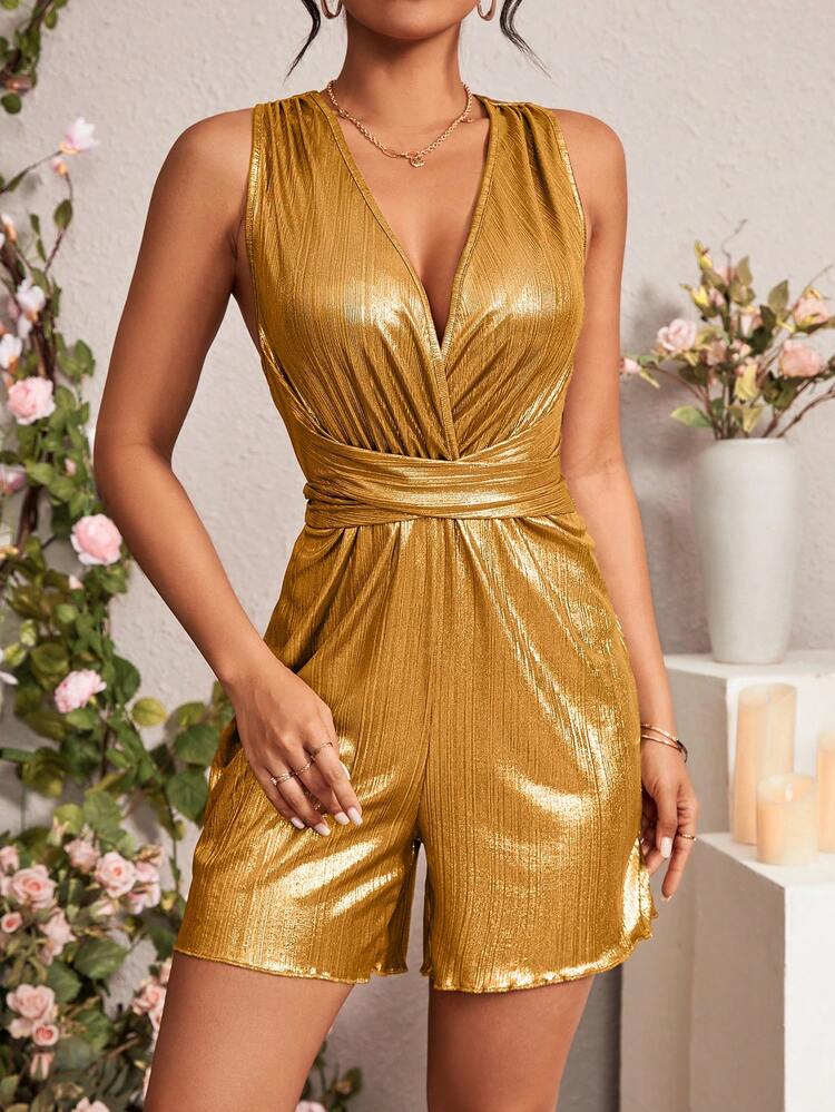 Women's Sleeveless Metal Texture Cross Summer Romper
