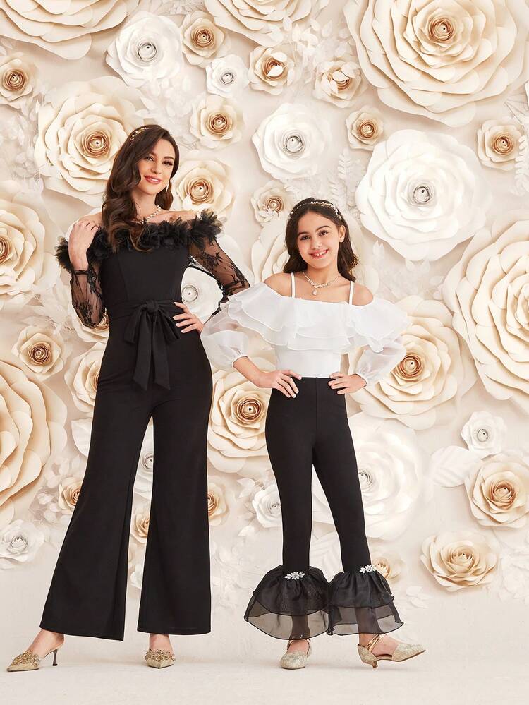 Women's Lace Spliced Off Shoulder Long Sleeve Jumpsuit