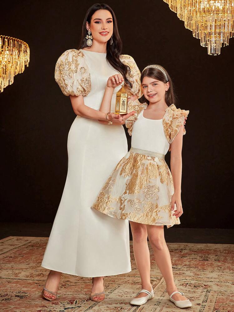 Tween Girls' Square Neckline Ruffle Trim Top And Jacquard A-Line Skirt Set