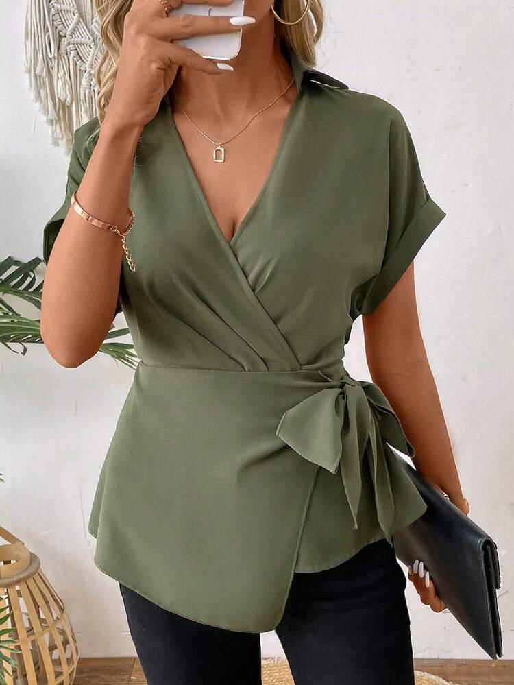 Solid Color V-Neck Wrap Front Cinched Waist Blouse
