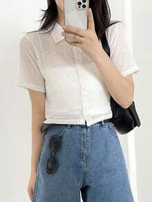 DAZY Button Ribbed Short Sleeve T-Shirt - White - View 4