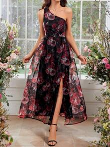 SHEIN Clasi Của phụ nữ Hoa Một bờ vai Váy không tay - Nhiều màu - Xem 5