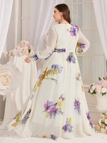 Plus Size Women's Floral Print Shirred Evening Cocktail Dress - White - View 2