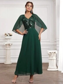 SHEIN Belle Kim sa Vá lại Cổ chữ V Vòng eo đế chế Váy phù dâu - màu xanh lá - Xem 1