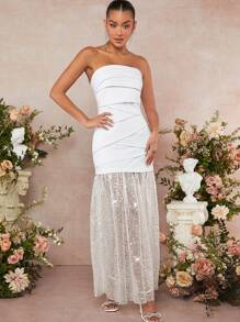 L'Amorae Vestido con panel de tubo y dobladillo de malla con lentejuelas