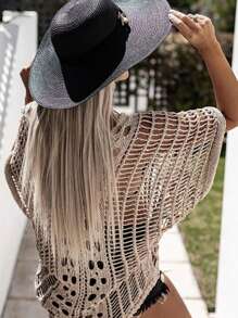 Chiquease 純色寬鬆鏤空針織上衣 - 卡其色 - 查看 2