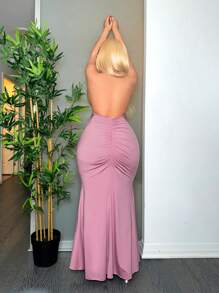 SHEIN SXY 大碼女裝緊身細肩露背褶皺連衣裙，婚禮客人裝 - 粉色 - 查看 2