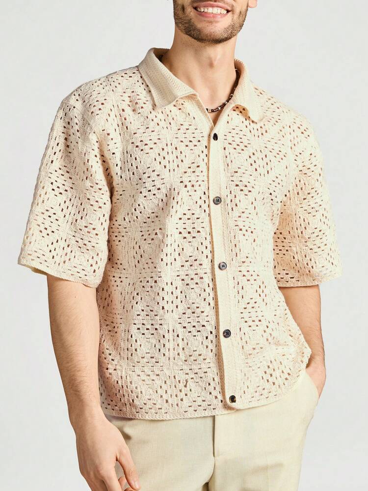 Men's Solid Color Hollow Out Knitted Turn-Down Collar Sweater