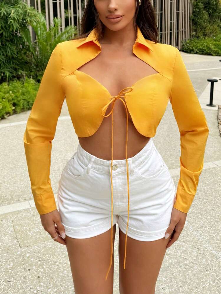 Cropped Tie-Front Sexy Long Sleeve Shirt