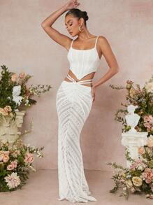 L'Amorae Lace Crop Top & Mermaid Hem Skirt Two Pieces Set - White - View 5