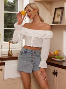 GENKIRA 女士純色露肩空心刺繡短款上衣 - 白色 - 查看 1