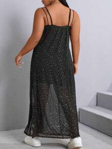 SHEIN CURVE+ Plus Size Shiny Sequin Mesh Split  Hem Thigh Cami Dress - Black - View 3