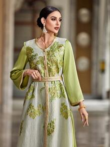 Al Najma Patchwork Jacquard 2 In 1 Long Robe Jalabiya With Weave Ribbon - Green - View 5