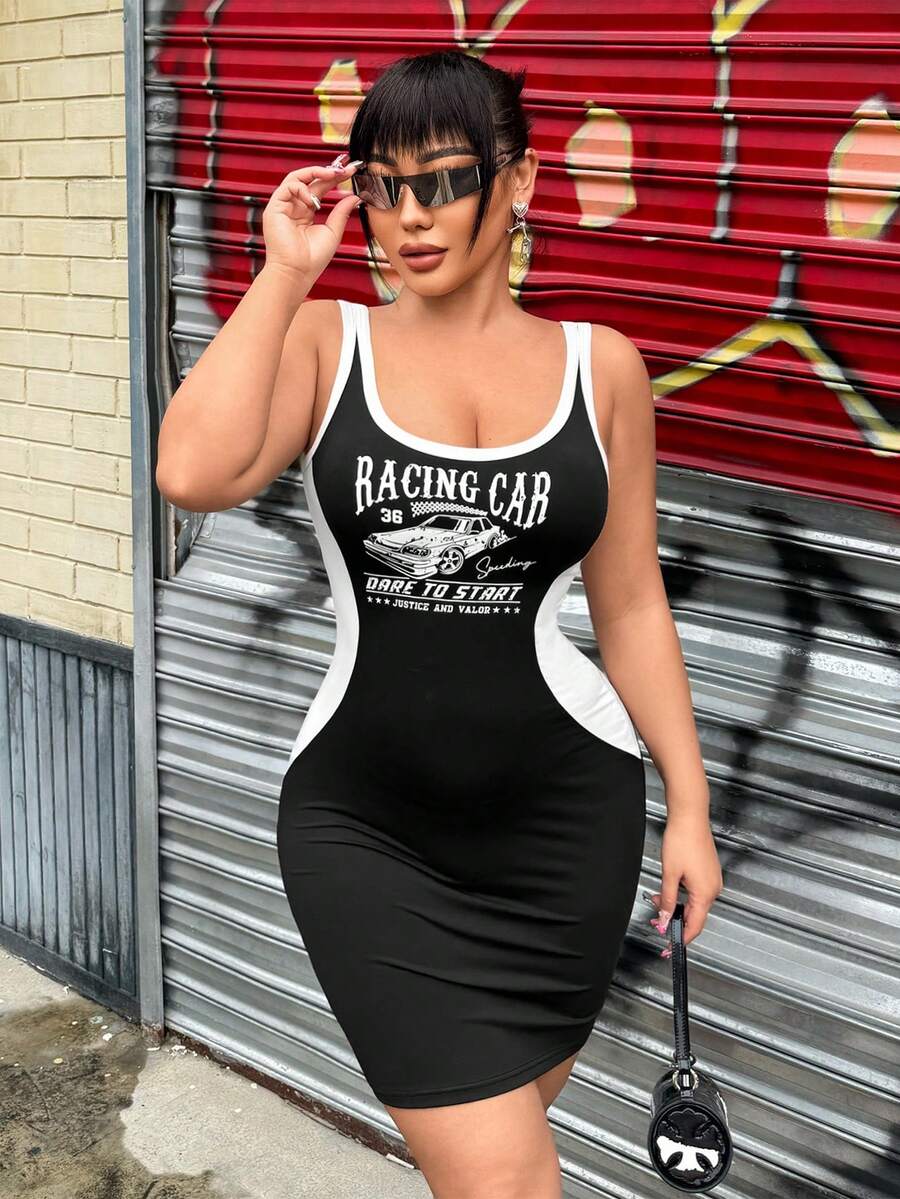 SHEIN SXY 彩色分塊緊身連衣裙,車輛與字母印花設計 - 黑色 - 查看 1