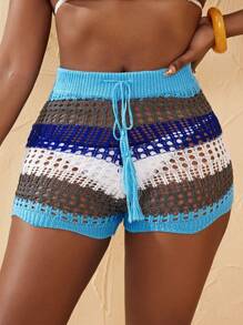 Zolique Women's Contrast Color Hollow Out Knitted Shorts - Multicolor - View 4