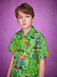 Nick 90s | SHEIN Conjunto de 2 piezas de camisa abotonada informal y pantalones cortos con diseño de dinosaurio monstruo divertido en verde para niño preadolescente - Verde - Ver 4