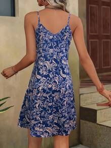 Kleid mit Pflanzendruck, Trägerkleid, lässig, Urlaubskleid - Königsblau - Übersicht 2