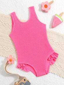 SHEIN Baby Girl Solid Pink Textured One Piece Swimsuit For Summer, Beach, Swimming Pool - Hot Pink - View 1