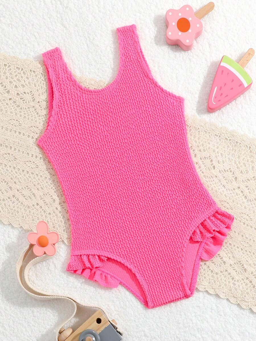 SHEIN Baby Girl Solid Pink Textured One Piece Swimsuit For Summer, Beach, Swimming Pool - Hot Pink - View 1