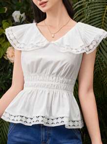 Seusyu 女士蕾丝拼布彼得潘领无袖衬衫