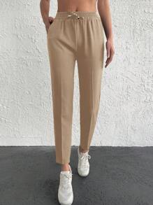 Cottnline 純色抽繩腰部斜袋運動褲 - 杏色 - 查看 5