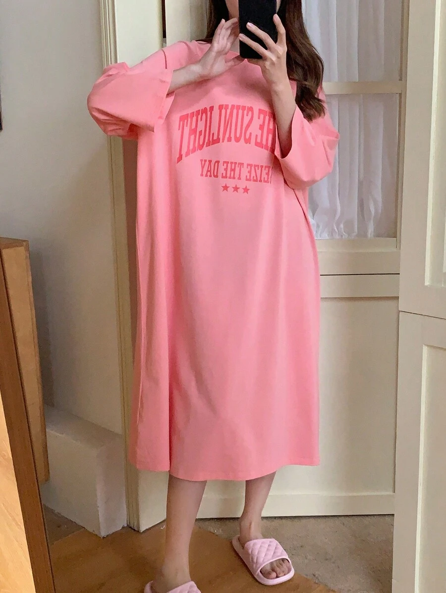 DAZY Casual Home Dress With Letter Printed Pattern Summer, Moo Moo Pajama - Pink - View 1