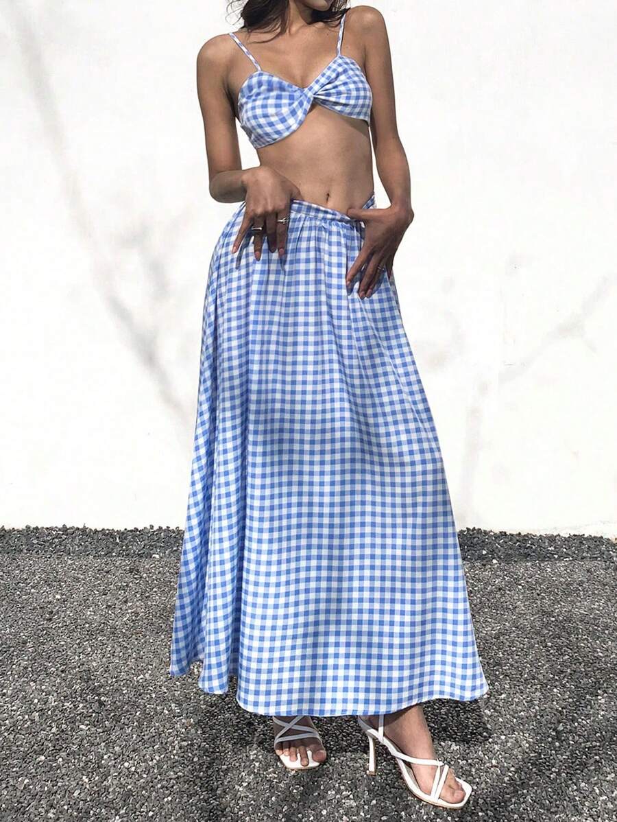 SHEIN Unity Xoắn Chi tiết Rô Mô hình Cắt chóp Cami Và Váy vui tươi Kỳ nghỉ 2 Miếng - Màu xanh lam - Xem 1