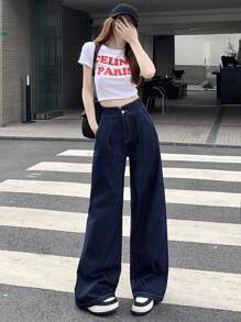 Dazy Designer 女式褶皱阔腿牛仔裤，返校服装 - 藍色 - 查看 5