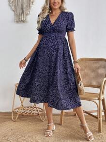 SHEIN Maternity Polka Dot Printed V-Neck Dress - Royal Blue - View 3