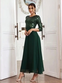 SHEIN Belle 閃亮鋪面的十字背帶露背伴娘禮服 - 綠色 - 查看 4