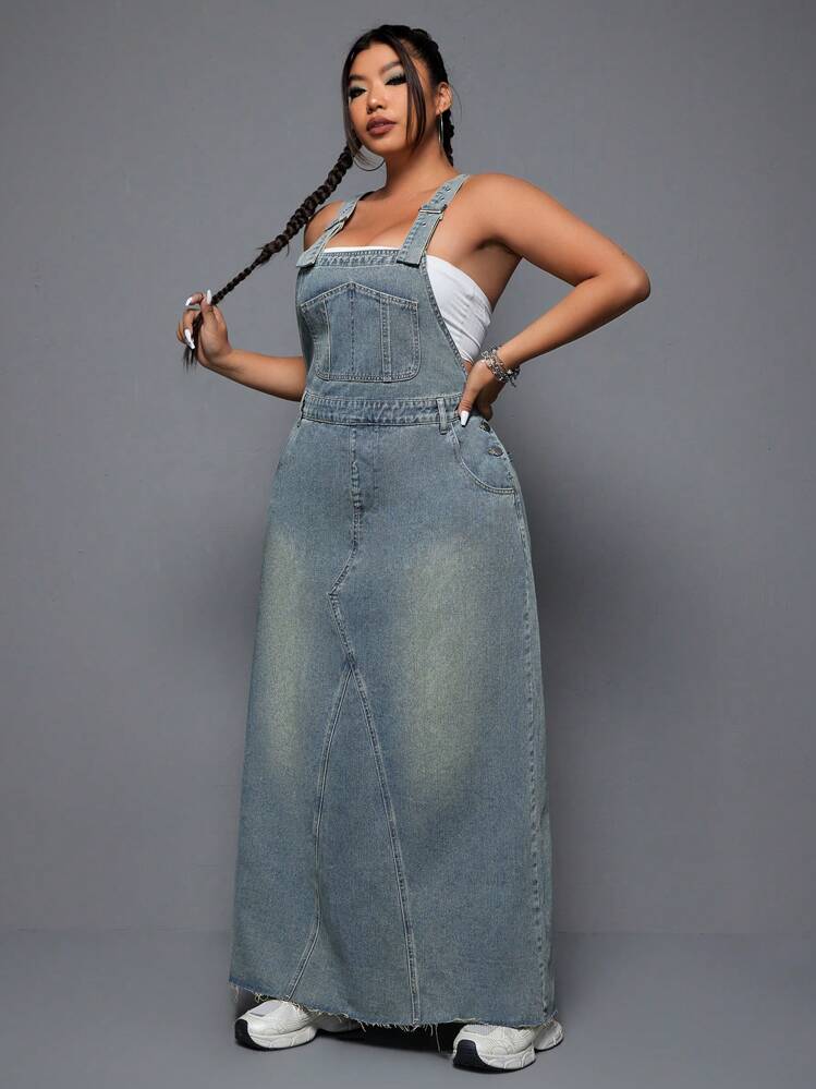 SHEIN EZwear Vestido Casual De Mezclilla Lavado, Holgado Y De Talla Grande - Azul - Ver 4