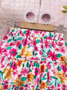 SHEIN Young Girl's Elastic Waist Floral Printed Asymmetrical Skirt With Ruffled Hem,Holiday,Summer,Travel - Multicolor - View 3